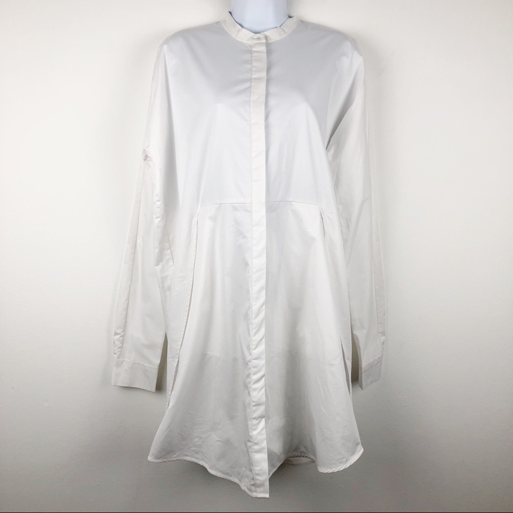 NWT CAARA White Oversized Boyfriend Long Sleeve Shirt Dress Pockets